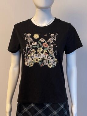 Black 'No Bad Days' Graphic Tee with Floral & Skeleton Design